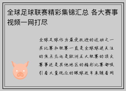 全球足球联赛精彩集锦汇总 各大赛事视频一网打尽