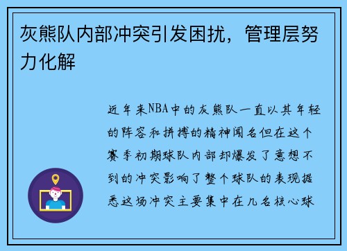 灰熊队内部冲突引发困扰，管理层努力化解