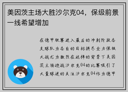 美因茨主场大胜沙尔克04，保级前景一线希望增加
